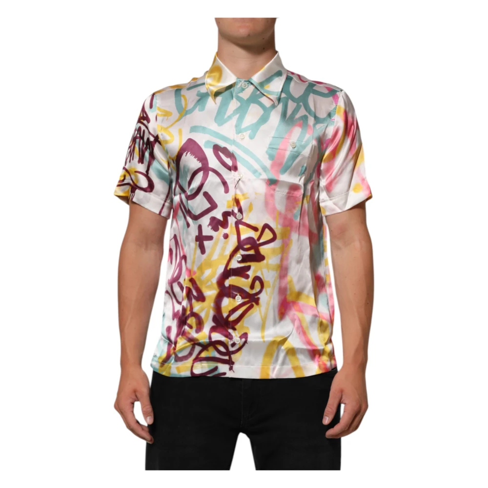 Dolce & Gabbana Men's White Silk Hawaiian Graffiti Print Shirt