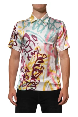 Vit Silke Hawaiiansk Graffiti Print Skjorta