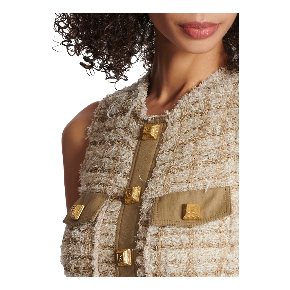 Balmain Mouwloze Tweed Korte Jurk Beige Dames