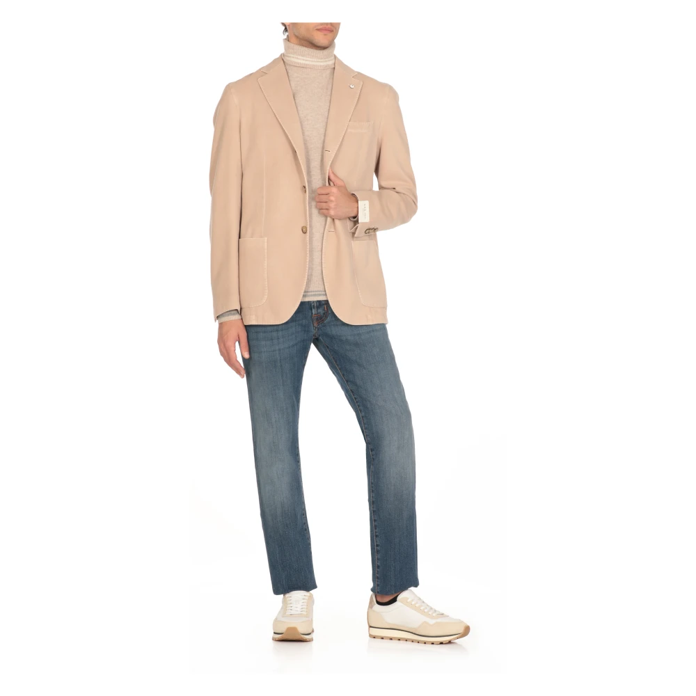 Lubiam Beige Katoenen Jas met Peak Revers Beige Heren