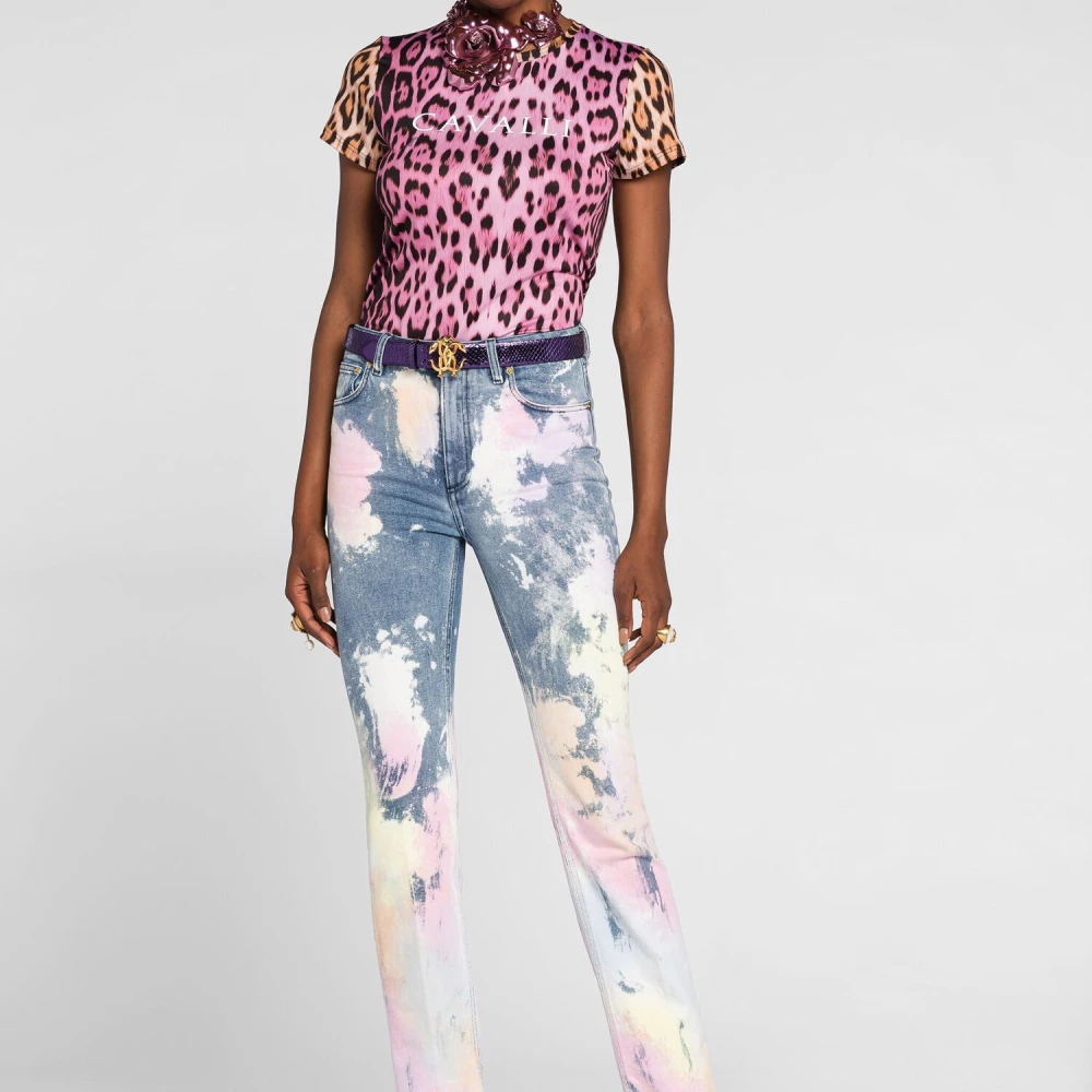 Roberto Cavalli Tweekleurig luipaardprint logo T-shirt Multicolor Dames