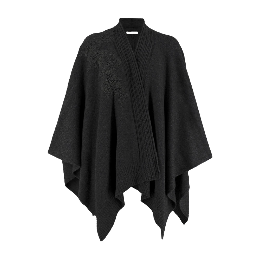 Ermanno Scervino Blommig Applikation Stickad Poncho Cape Black, Dam