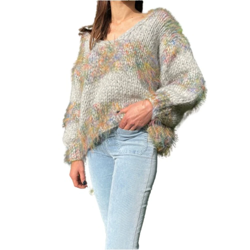 Les tricots d'O V-hals Alpaca Trui met Ballonmouwen Gray Dames