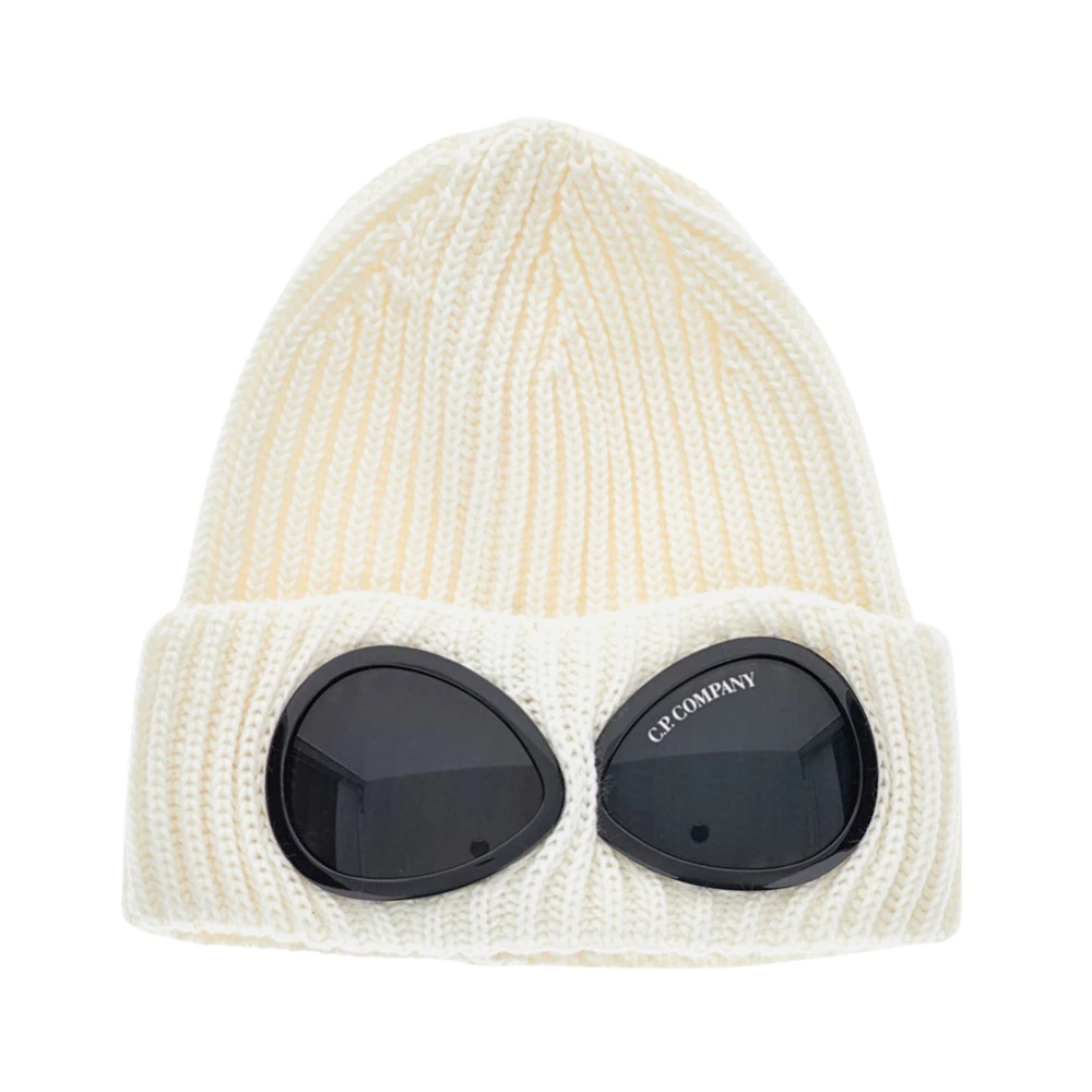 C.p. Company Men's White Extrafine Merino Wool Goggle Beanie