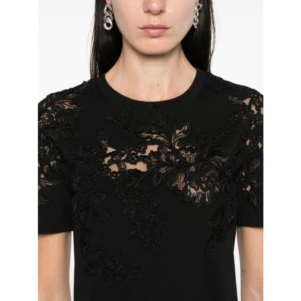 Ermanno Scervino Zwart Bloemenapplicatie Crew Neck T-shirt Black Dames