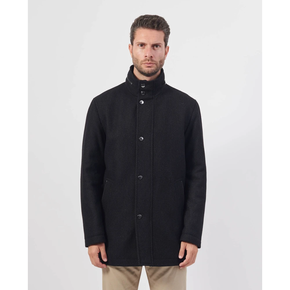 Hugo Boss Zwarte wollen hoge halsjas Black Heren