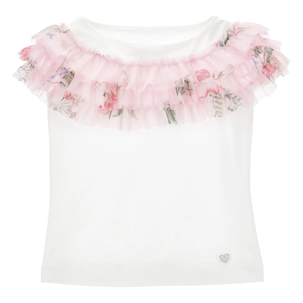 Monnalisa Girls Beige Kids Short Sleeve T-Shirts, 16 Y, Floral Ruched T-Shirt In Ivory