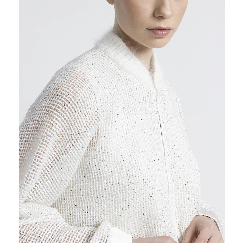 PESERICO Micro pailletten mesh gebreide bomber sweatshirt White Dames