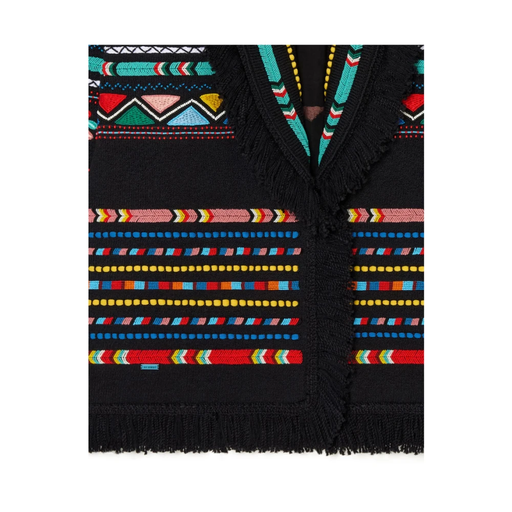 Alanui Zwarte Shawl Revers Trui met Franjes Multicolor Dames