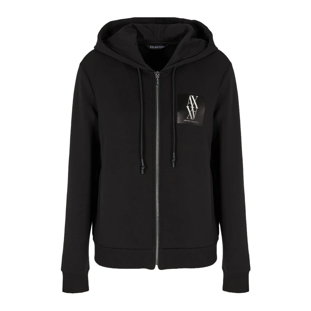 Armani Exchange Women's Black Zip-Throughs, M, Hooded Jumper With Zipper Pockets