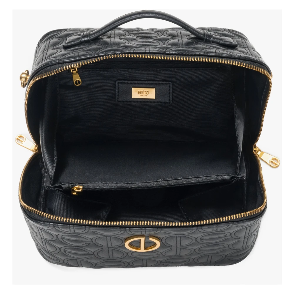 Estro Zwarte Leren Make-up Tas voor Vrouwen met Gouden Details & In reliëf gemaakt Merklogo Black Dames