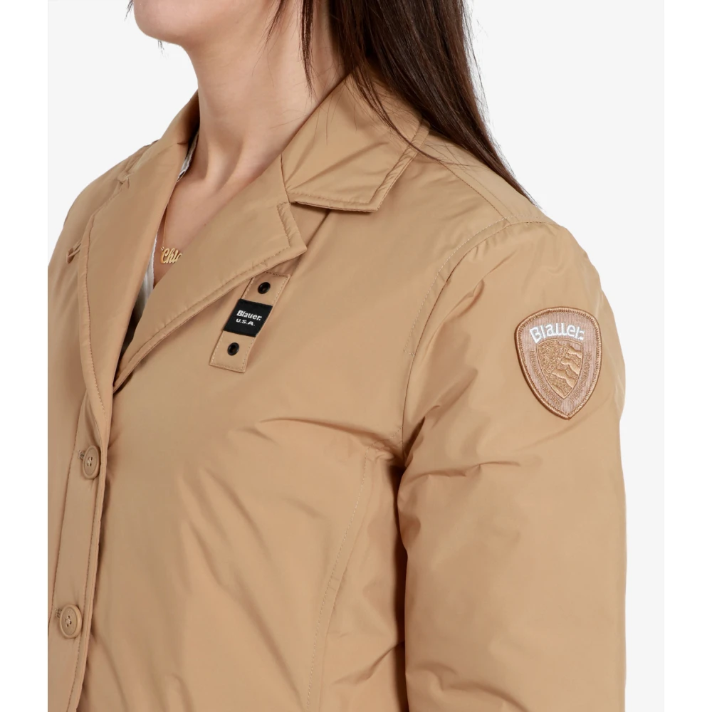 Blauer Korte Nylon Donsjas Kameel Brown Dames