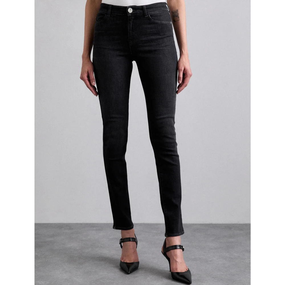 Emporio Armani Hoge Taille Skinny Jeans Wit Logo Black Dames