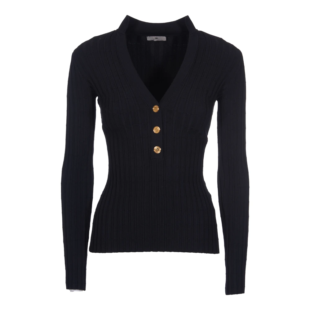 Elisabetta Franchi Geribbelde viscose trui met metalen knopen Black Dames