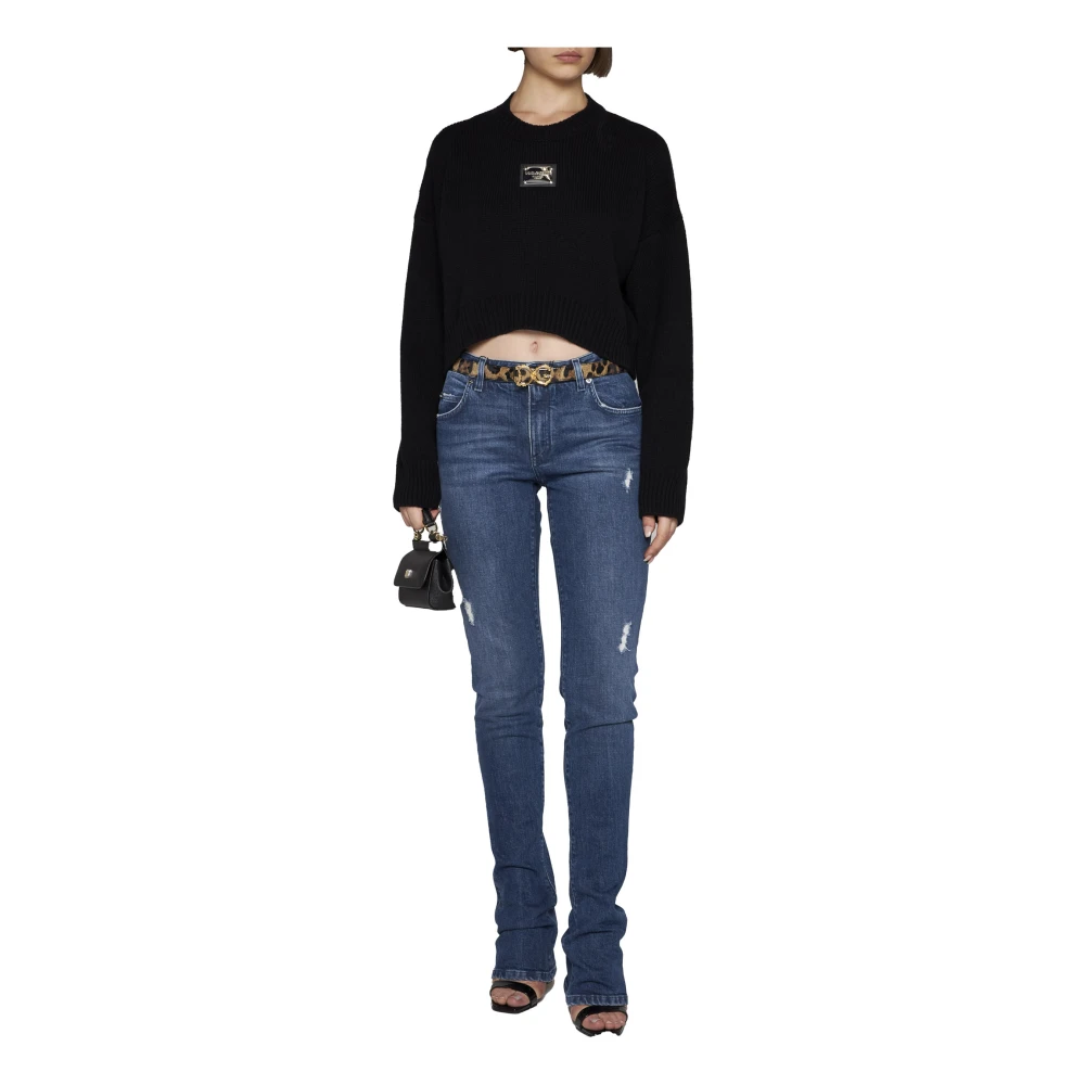 Dolce & Gabbana Slim-Cut Ripped Jeans met Logo Detailing Blue Dames