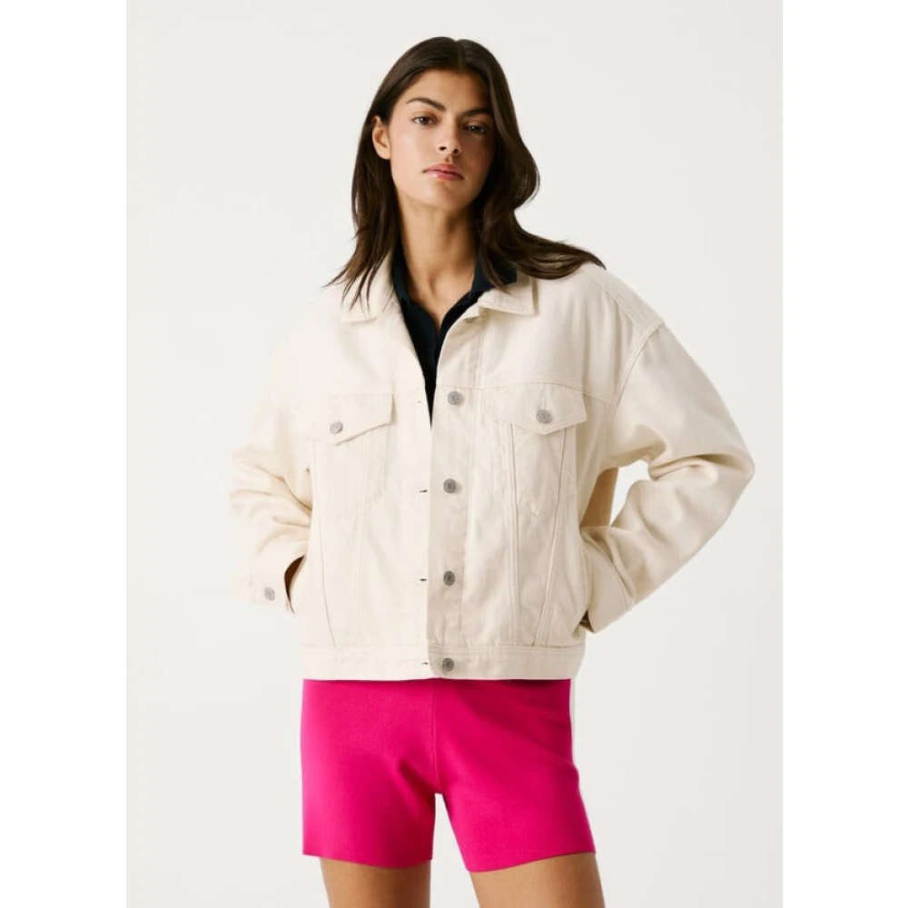 Pepe Jeans Logo Patch Pleat Back Denim Jacket Beige Dames