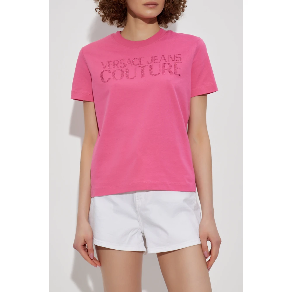 Versace Jeans Couture T-shirt met glinsterende applicaties Pink Dames