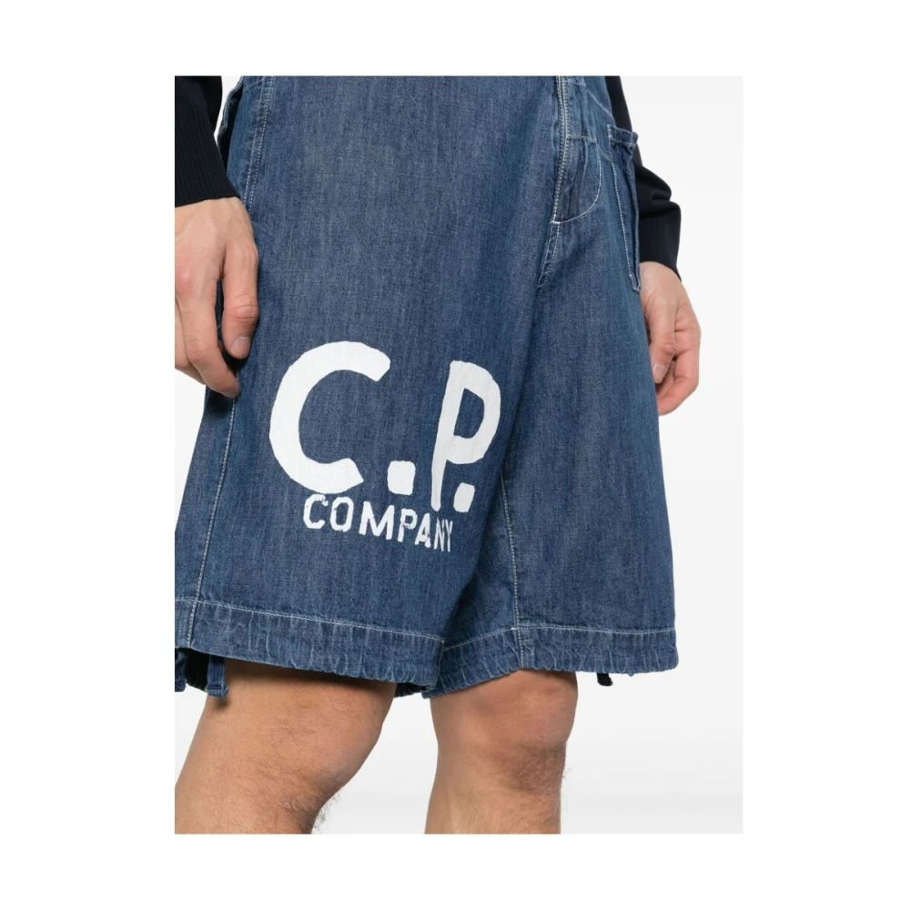 C.P. Company Blauwe Denim Logo Print Trekkoord Shorts Blue Heren