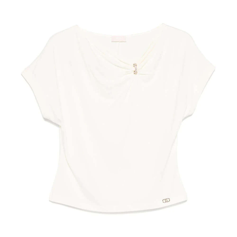 Liu Jo Asymmetrisch Katoenen T-shirt met Juweeldetail Beige Dames