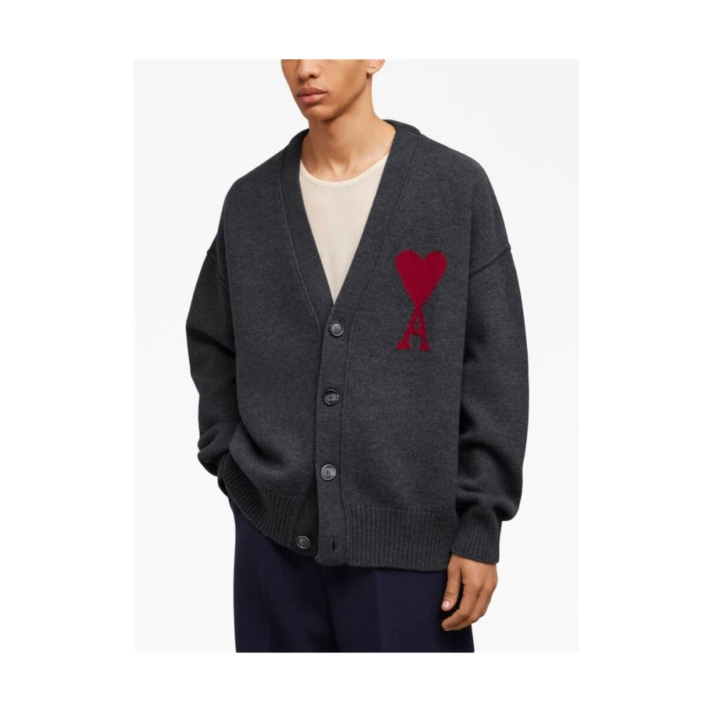 Ami Paris Grijze Wollen Gebreide V-Hals Trui Gray Dames