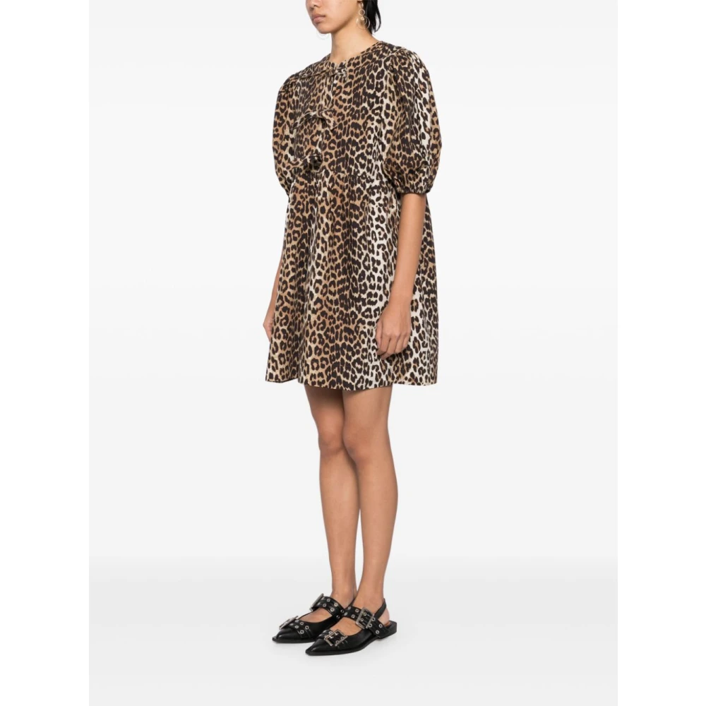 Ganni Luipaardprint Jurk met Pofmouwen Brown Dames