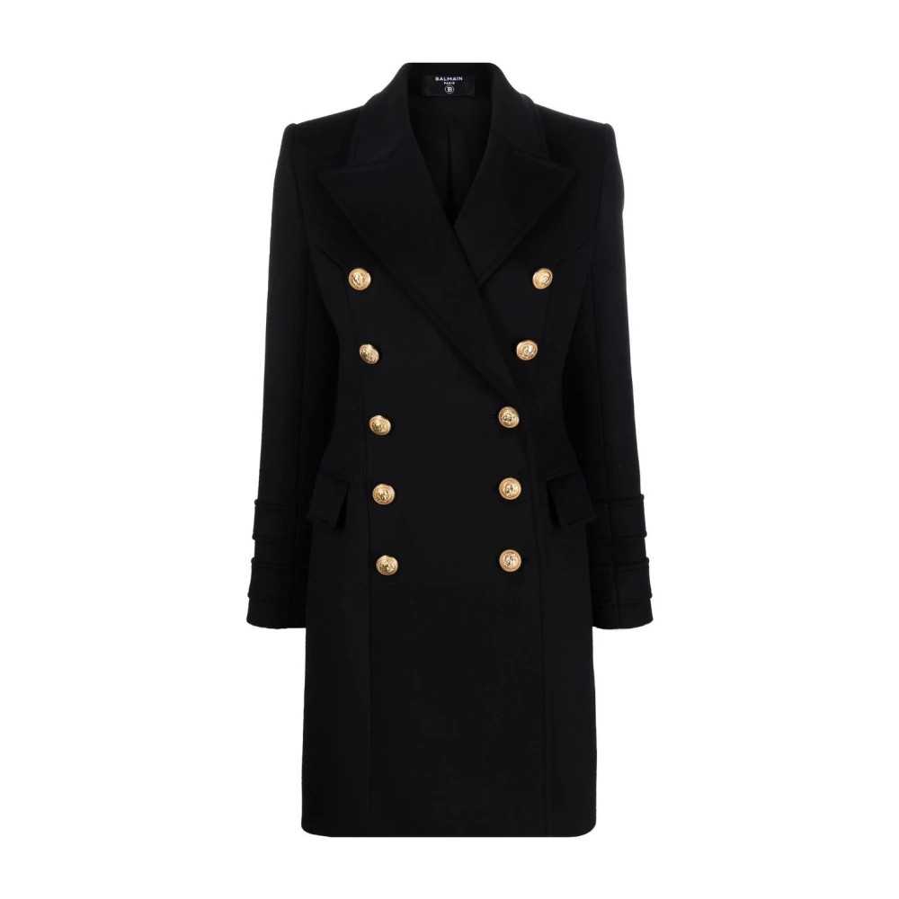 Balmain Zwarte Wol-Kasjmier Jas Brede Revers Black Dames