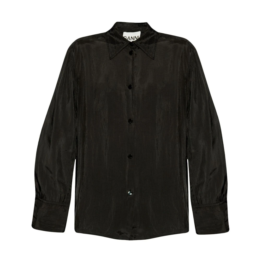 Ganni Women's Black Button-Up Shirt Crinkled Finish
