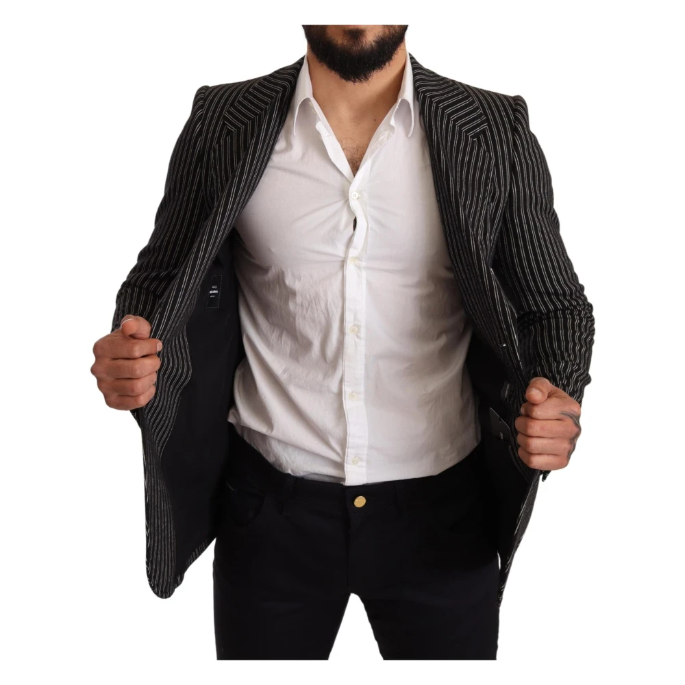 Dolce & Gabbana Zwart Gestreepte Slim Fit Wol Jas Blazer Black Heren