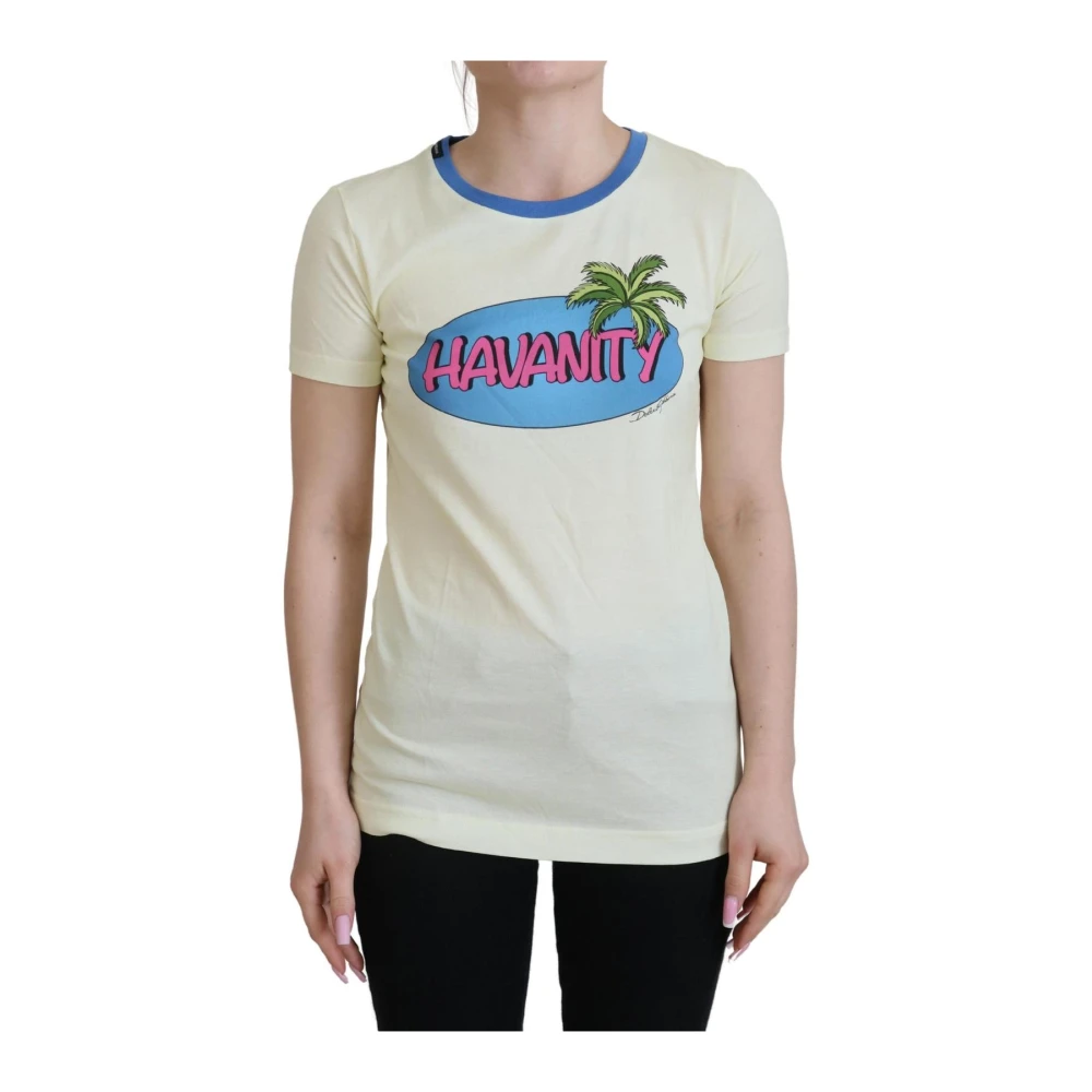 Dolce & Gabbana Women's Yellow T-Shirts, Xs, Palm Tree Graphic Tee Cotton