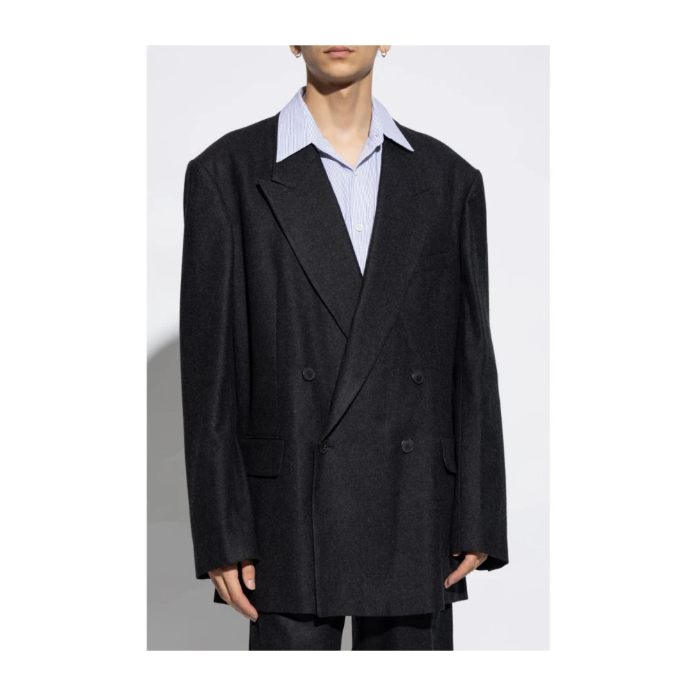 Dries Van Noten Peak Lapel Wollen Flanel Blazer Gray Heren