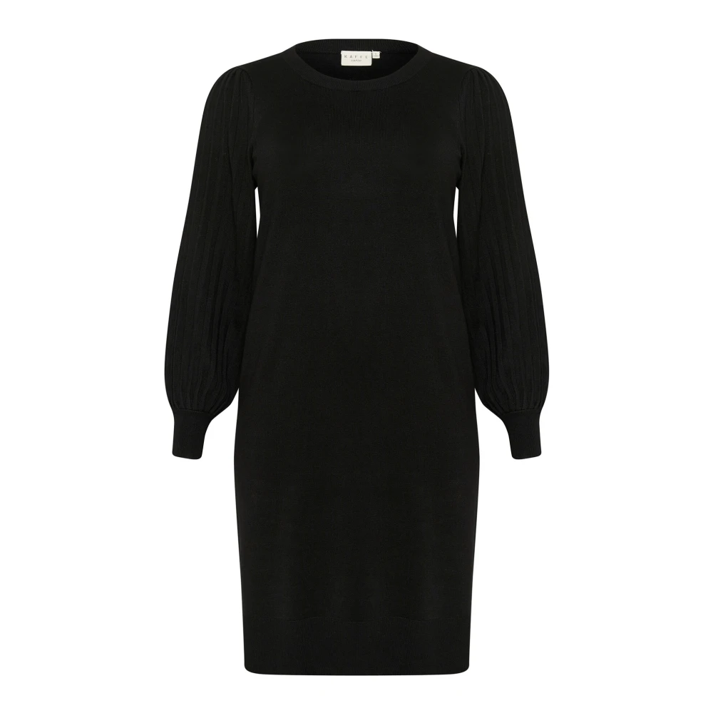 Kaffe Curve Zwart Diep Gebreide Jurk met Pofmouwen Black Dames