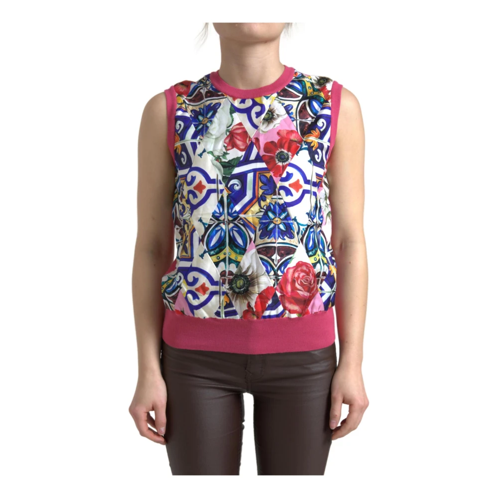Dolce & Gabbana Women's Multicolor Sleeveless Tops, 2XS, Floral Print Crew Neck Tank Top