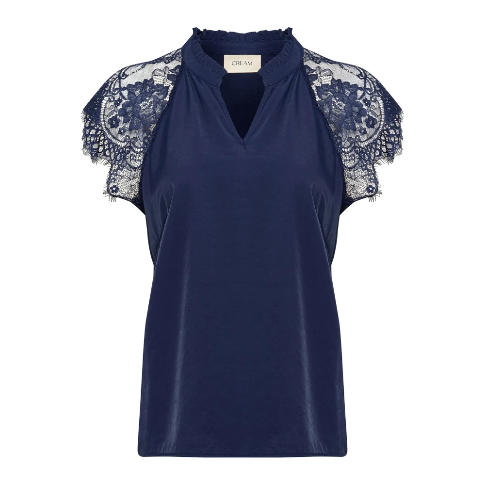 Cream Navy Kant Blouse met V-hals Blue Dames