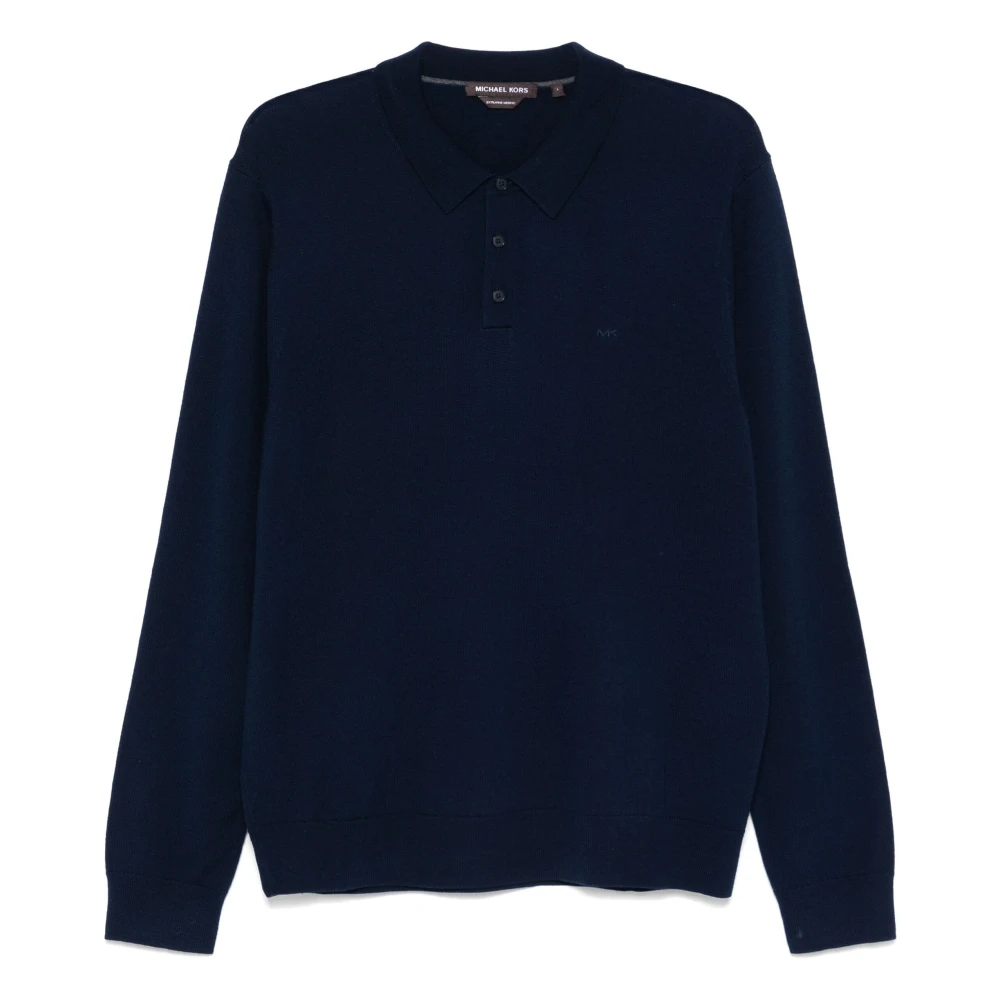 Michael Kors Men's Blue Polo Shirts, Xl, Long Sleeve Merino Polo Shirt