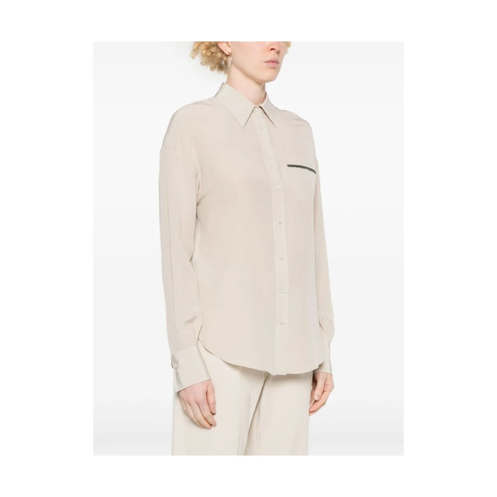 BRUNELLO CUCINELLI Zijden Crepe Klassieke Kraag Shirt Beige Dames