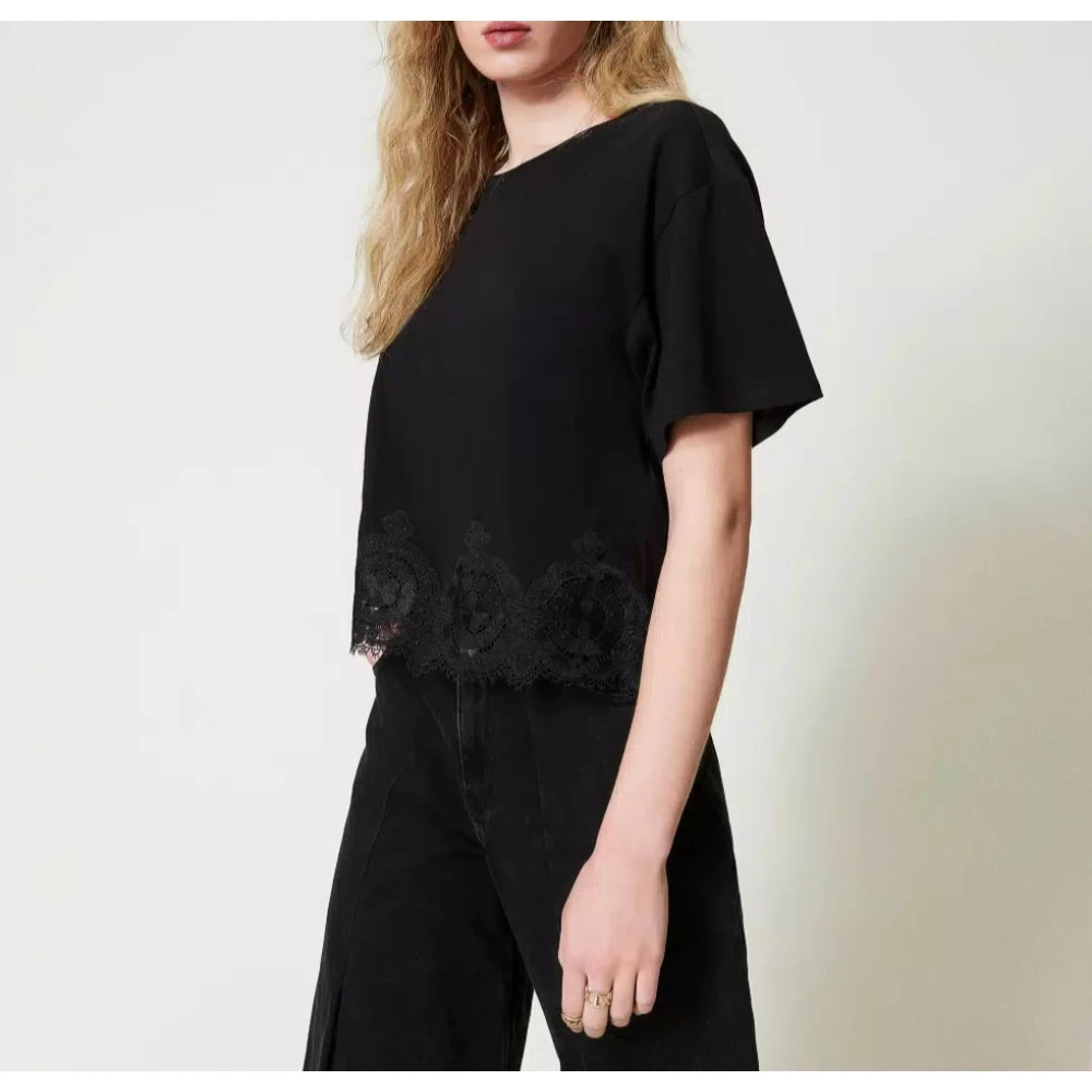 Twinset Geknipte Kant T-shirt met Macramé Black Dames