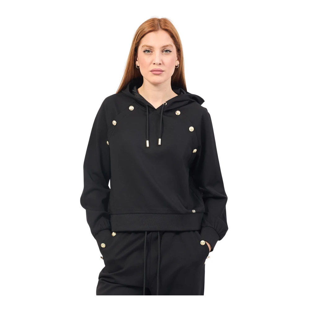 Gaudi Zwarte trui met decoratieve knopen en capuchon Black Dames