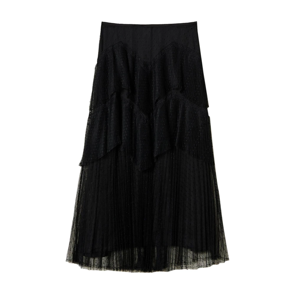 Twinset Women's Black Tulle Skirt With Pleats And Lace - Midi Skirts - L - Skirts