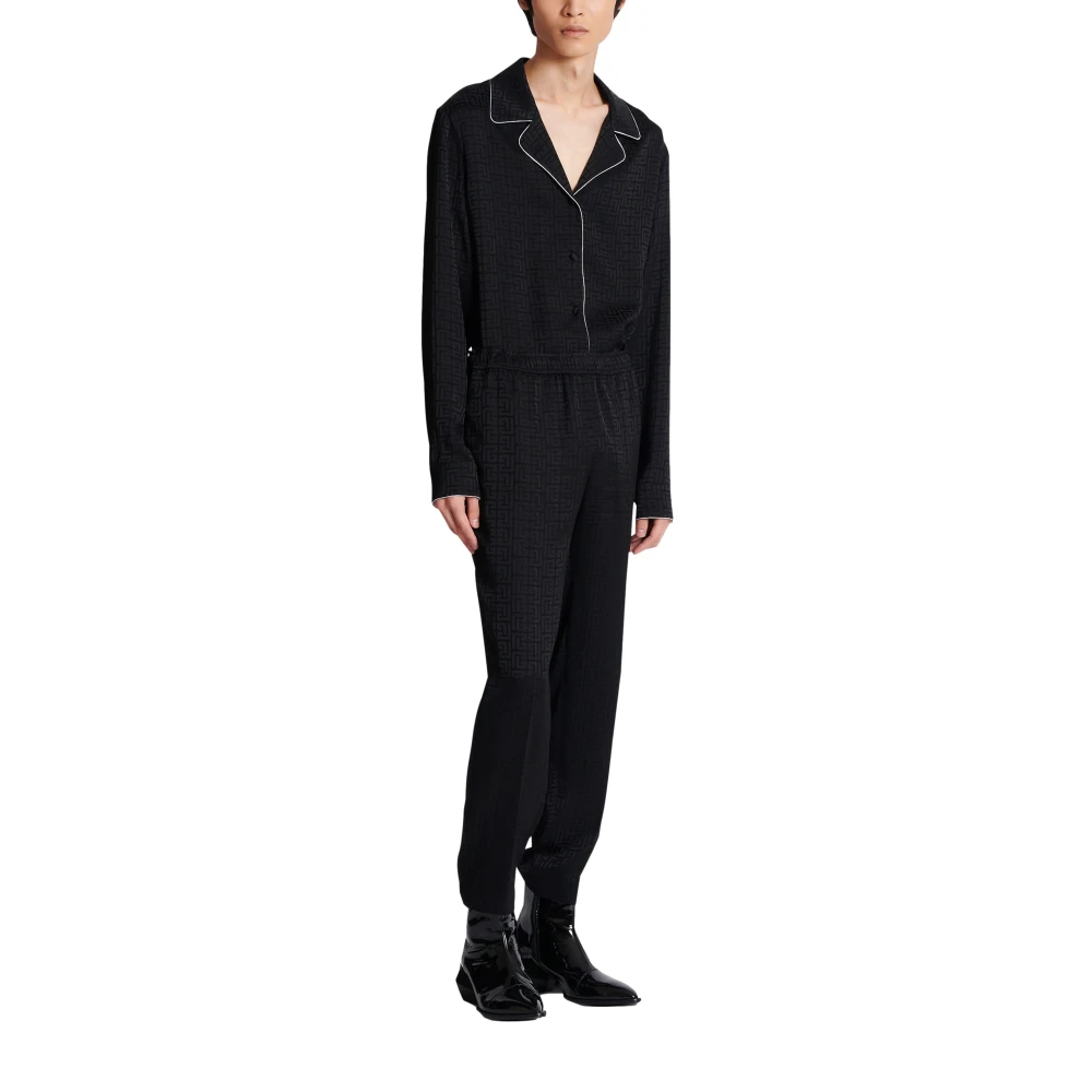 Balmain Satin monogram jacquard broek Black Heren