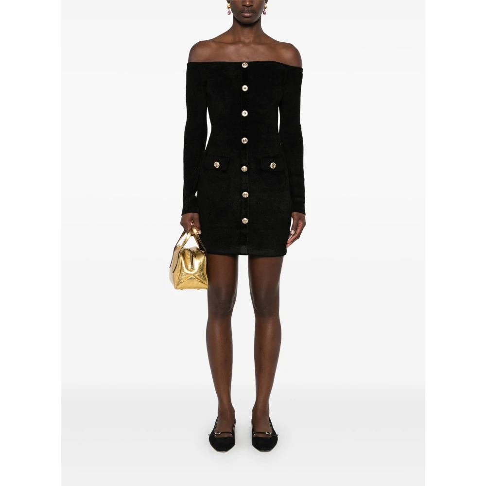 Self Portrait Chenille Gebreide Off-Shoulder Zwarte Jurk Black Dames