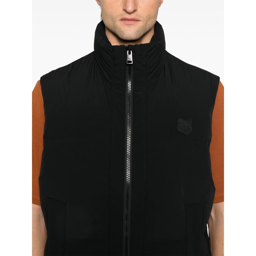 Maison Kitsuné Zwarte Gewatteerde Gilet met Vos Motief Black Heren