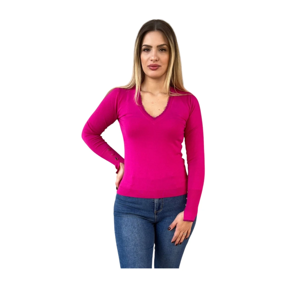 Liu Jo Fuchsia V-hals Lurex Inzet Trui Pink Dames