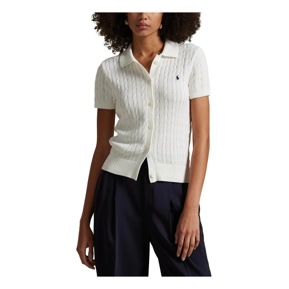 Polo Ralph Lauren Witte Cable Knit Sweater met Navy Blue Pony Borduurwerk White Dames