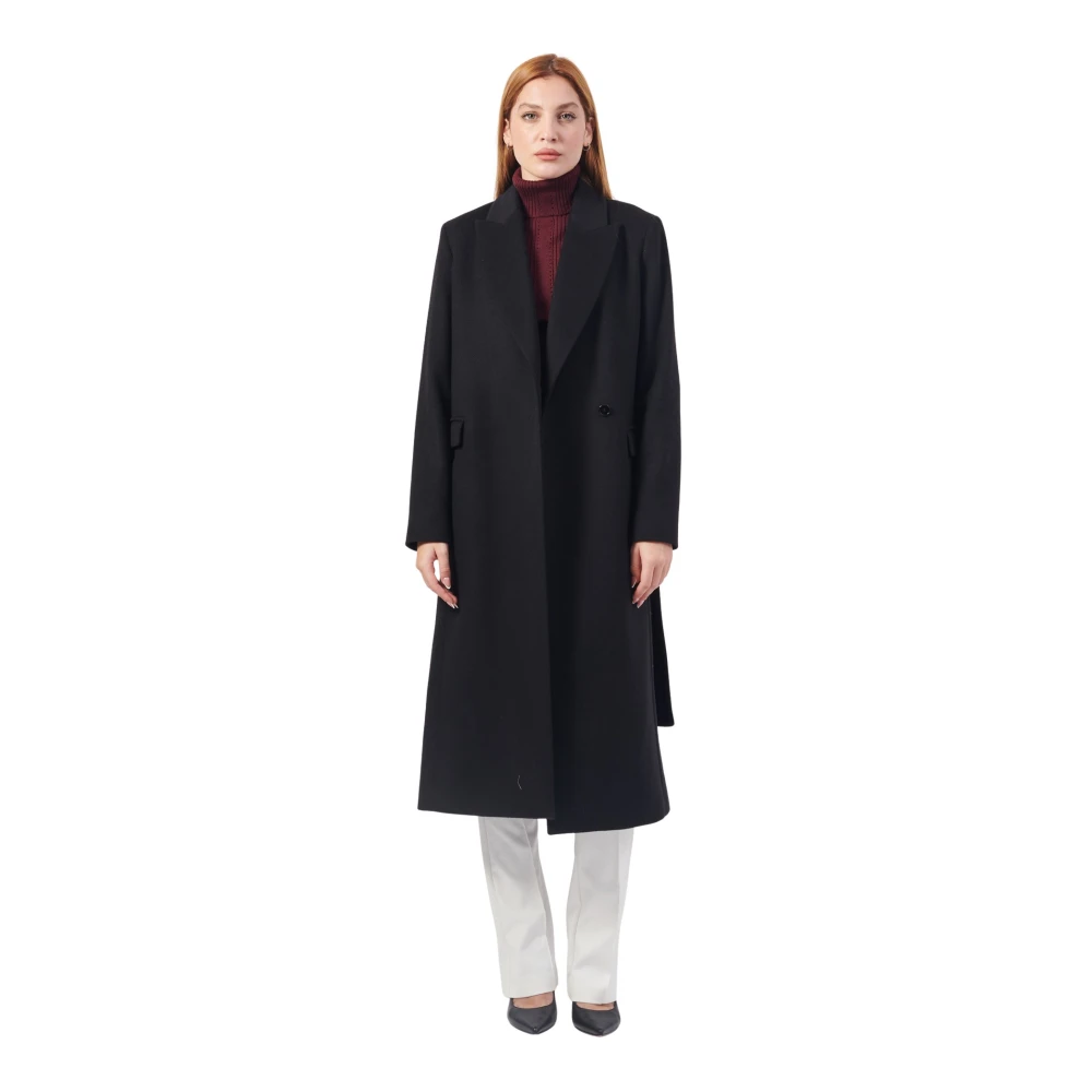 PATRIZIA PEPE Zwarte lange jas met riem Black Dames