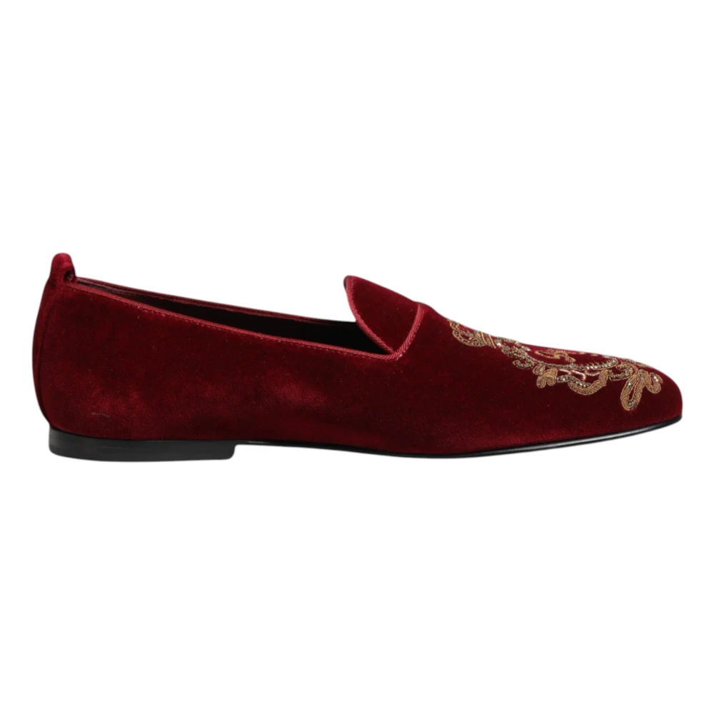 Dolce & Gabbana Men's Red/Gold Velvet Crown Loafers Shoes