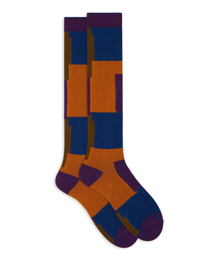 chaussettes-longues-en-coton-fuchsia-pour-femmes-avec-motif-a-carreaux-superposes