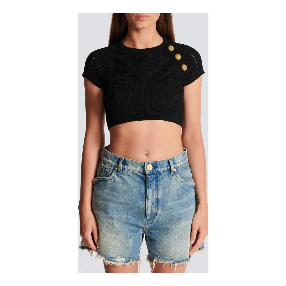 Balmain Fijngebreide top met 3 knopen Black Dames