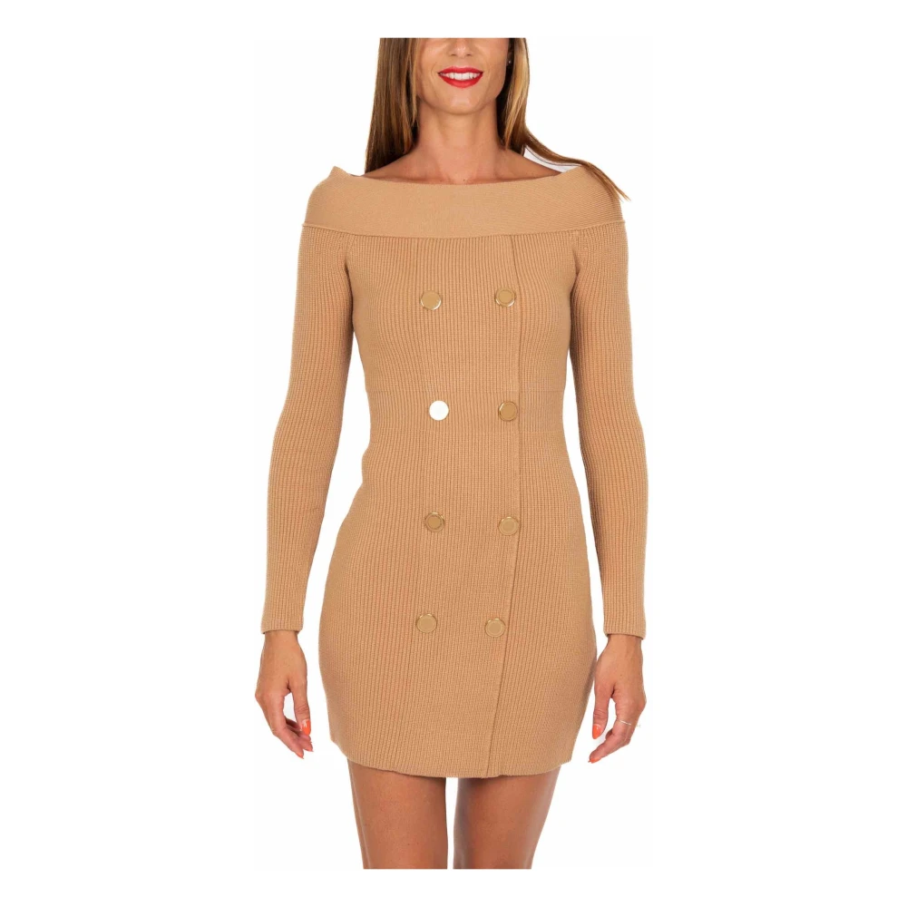 Elisabetta Franchi Kameel Gebreide Mini Jurk Jas Brown Dames