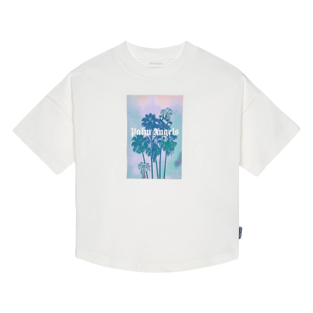 Palm Angels Boys Beige Kids Short Sleeve T-Shirts, 12 Y, Palms Landscape Over T-Shirt