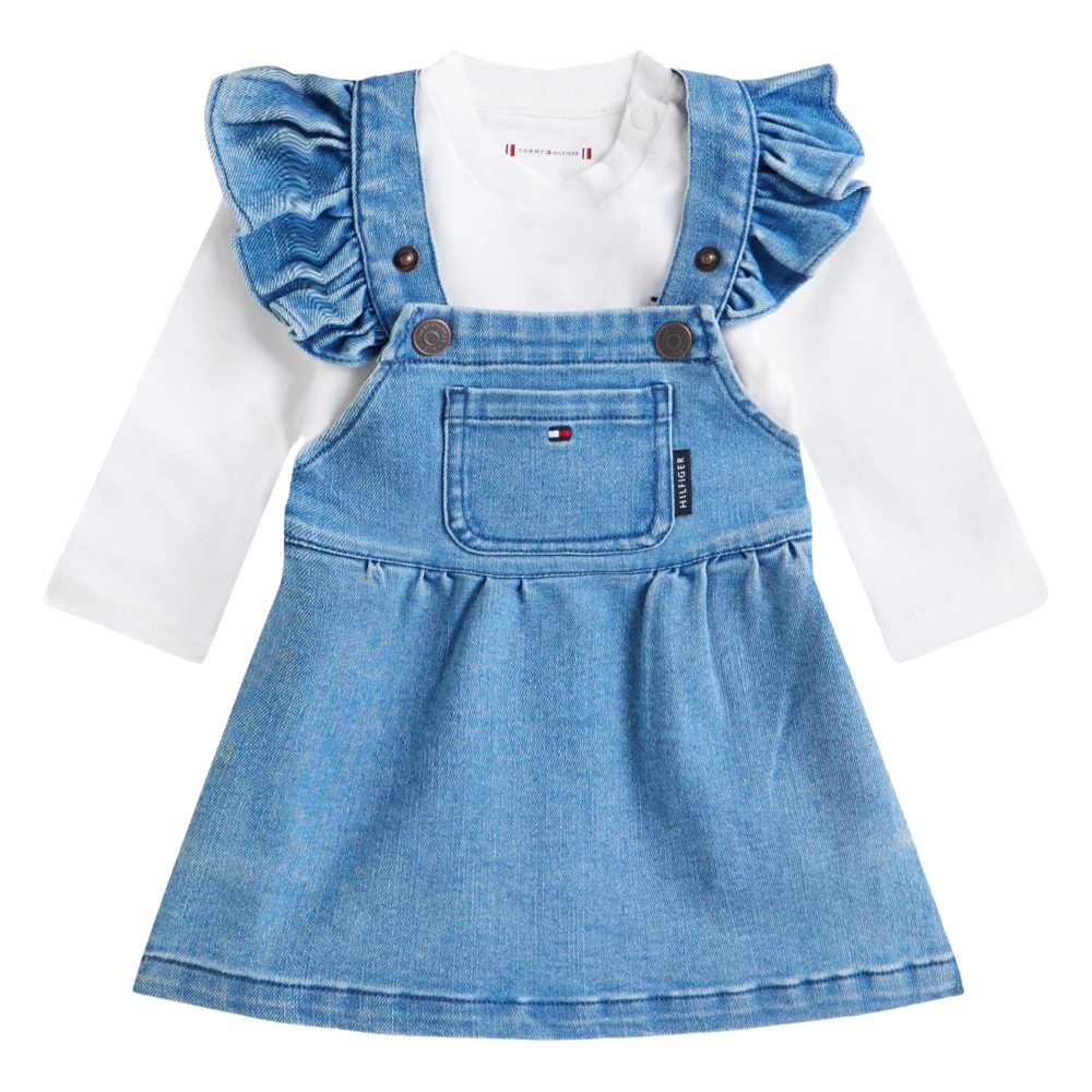 Tommy Hilfiger Girls Blue Dresses, 18 M, Denim Dungaree Dress And T‑Shirt Set